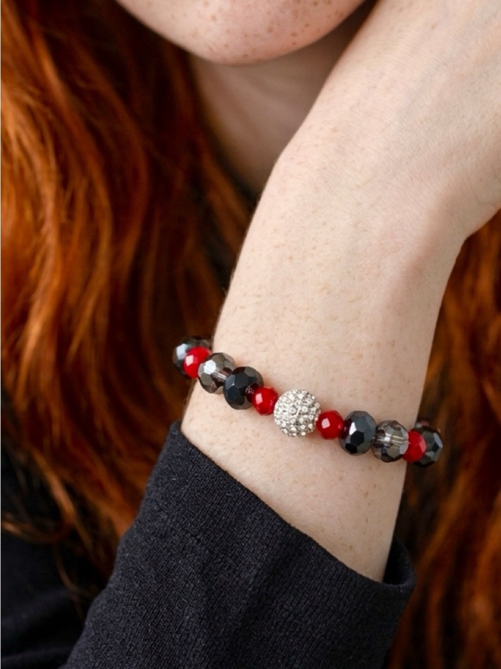Elegant Red and Black Faceted Bead Bracelet with Crystal Accent
